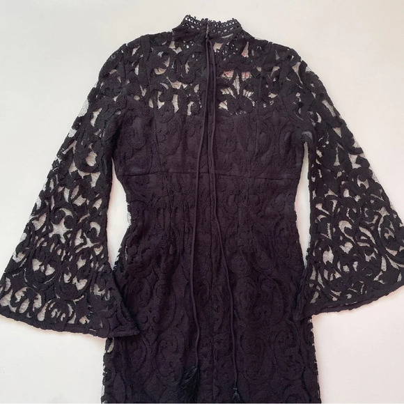 FREE PEOPLE North Star Black Lace Bell Sleeve Sequin Mini Dress Size 0 - Picture 13 of 16